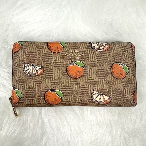 Coach Long Zip Around Wallet In Signature Canvas Orange Print Wristlet CAO92 NWT